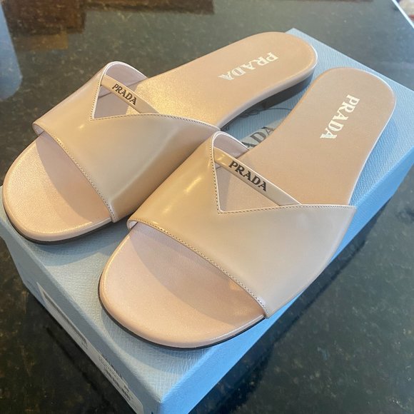Prada Shoes - NWT Prada Logo Strap Slide Sandal Nude/Tan 39.5